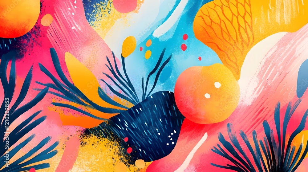 Poster vibrant and whimsical abstract composition with playful patterns and textures this digital artwork f