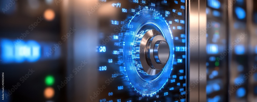 Poster a close-up of a digital lock with glowing blue elements, showcasing a high-tech security mechanism i