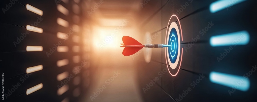 Poster a dart with a red tip hits the center of a target, illuminated by a warm glow, symbolizing precision