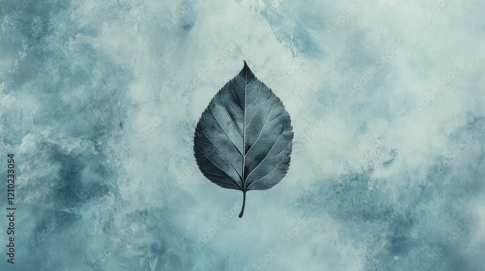 Aufkleber abstract silhouette of a single leaf floating against a textured blue background