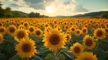 Fototapeta premium Bright yellow sunflowers in a field stretching to the horizon, with blue skies and fluffy clouds above, realistic 8K resolution,