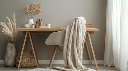 Neutraltoned workspace with a plush throw draped over a chair, wooden desk accessories, natural lighting 	