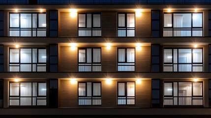 Lights glow from apartment windows, revealing life inside a multi-story building during a quiet night under a dark sky