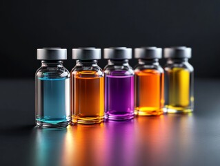 Five colorful glass vials filled with different liquids stand in a row against a dark background, showcasing vibrant hues.