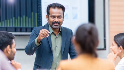 Indian CEO delivering an inspiring business presentation to the team.	
