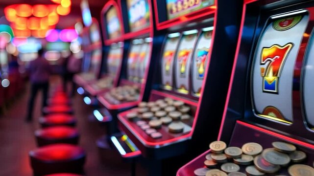 Casino Slot Machines with Illuminated Reels and Coins in a Row