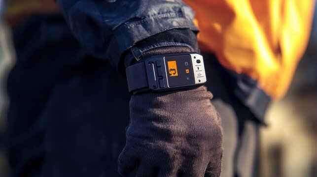Construction worker wearing gloves and high visibility vest using a smartwatch on wrist displaying work related information, enhancing safety and efficiency on site
