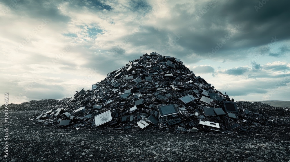 Poster a towering pile of discarded electronics in an open area, surrounded by a cloudy sky, emphasizing en