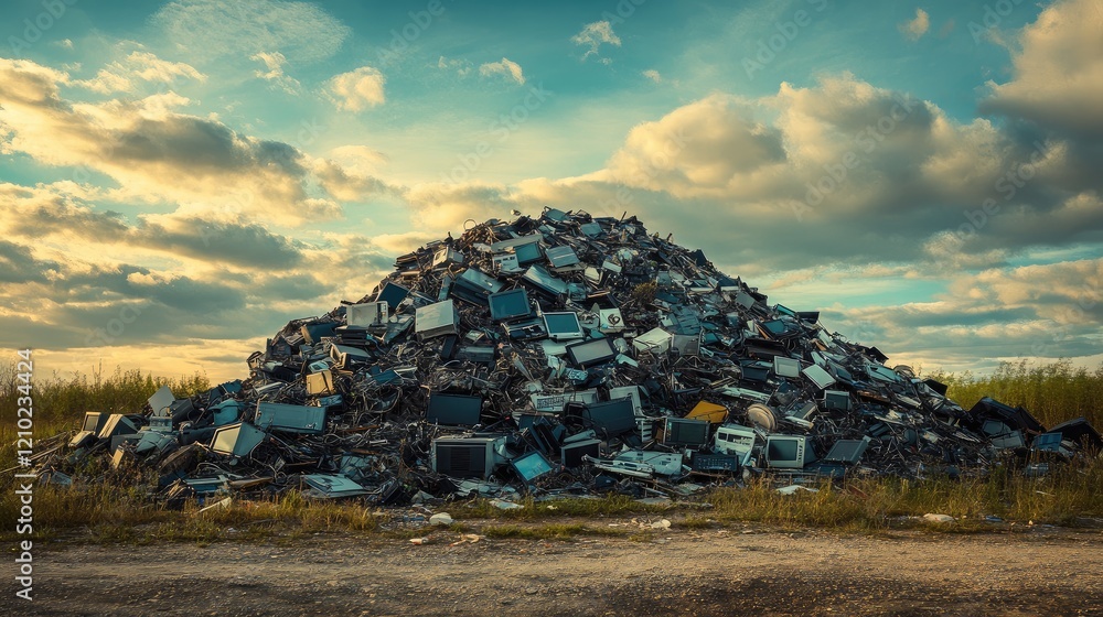 Poster a towering pile of discarded electronics in an open area, surrounded by a cloudy sky, emphasizing en