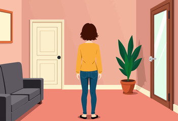 Minimalist Cartoon User: Poor Apartment, Financial Struggles. Simple illustration of a person’s difficulties in a badly designed home, highlighting financial issues.


