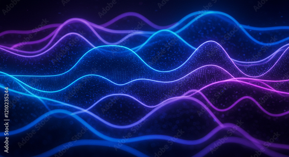 Poster futuristic abstract background with blue and purple liquid wavy shapes, glowing retro waves, creatin