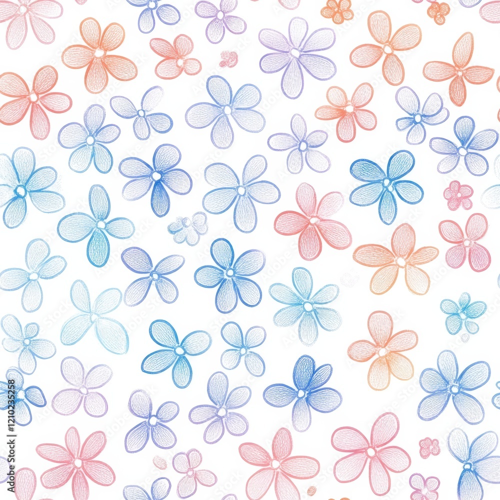 Poster whimsical watercolor doodle pattern filled with colorful flowers in various shapes and sizes