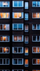 Lights glow from apartment windows, revealing life inside a multi-story building during a quiet night under a dark sky