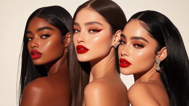 Three models with glossy skin and bold red makeup