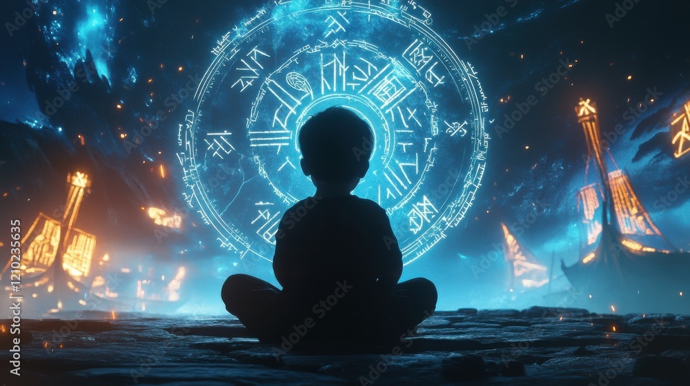 Aufkleber Vibrant visualization of a child's silhouette admiring mystical symbols in an enchanting environment at dusk