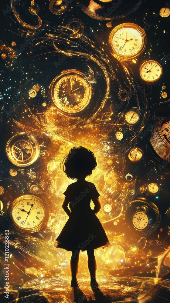 Poster child stands in captivating glow surrounded by swirling clocks in a timeless moment at dusk