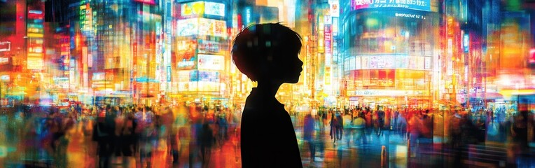 Vibrant silhouette of a child against a bustling cityscape illuminated by colorful lights during the night