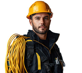 Confident Electrician with Yellow Cable and Hard Hat Portrait