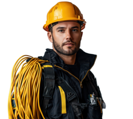 Confident Electrician with Yellow Cable and Hard Hat Portrait