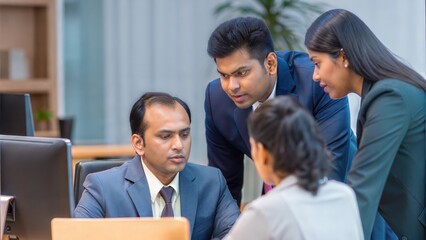 Indian leader mentoring team members in a professional office environment.	
