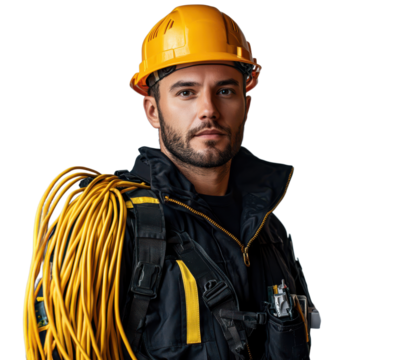 Confident Electrician with Yellow Cable and Hard Hat Portrait - Powered by Adobe