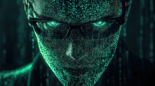 Portrait of programmer with glasses, surrounded by green binary code, showcasing tech savvy atmosphere and focus on debugging