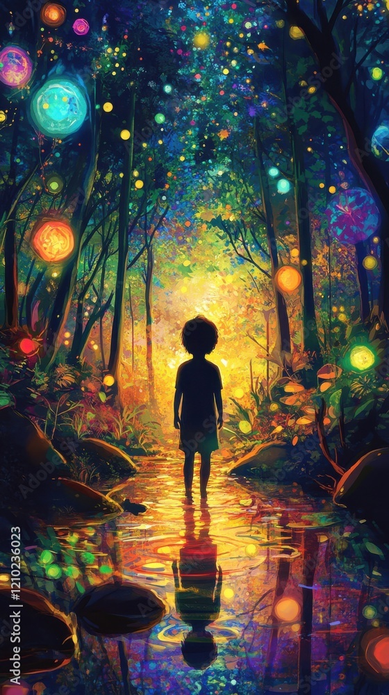 Poster Child glowing with vibrant colors in enchanting forest at twilight surrounded by sparkling orbs of light