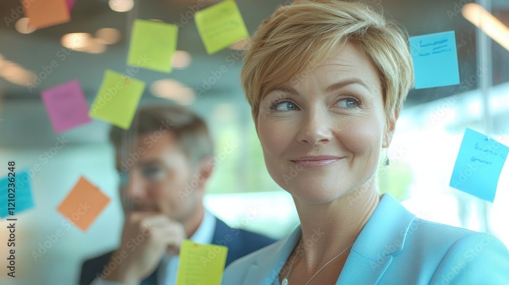 Poster engaging office environment featuring a woman smiling in front of colorful sticky notes while a man 