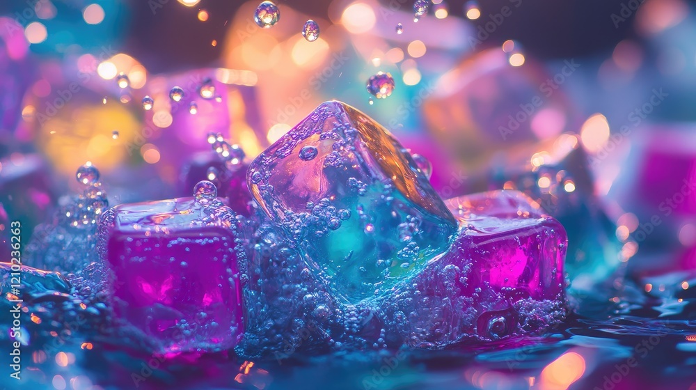 Poster array of neon-colored ice cubes submerged, with a cascade of bubbles and bright light emphasizing th