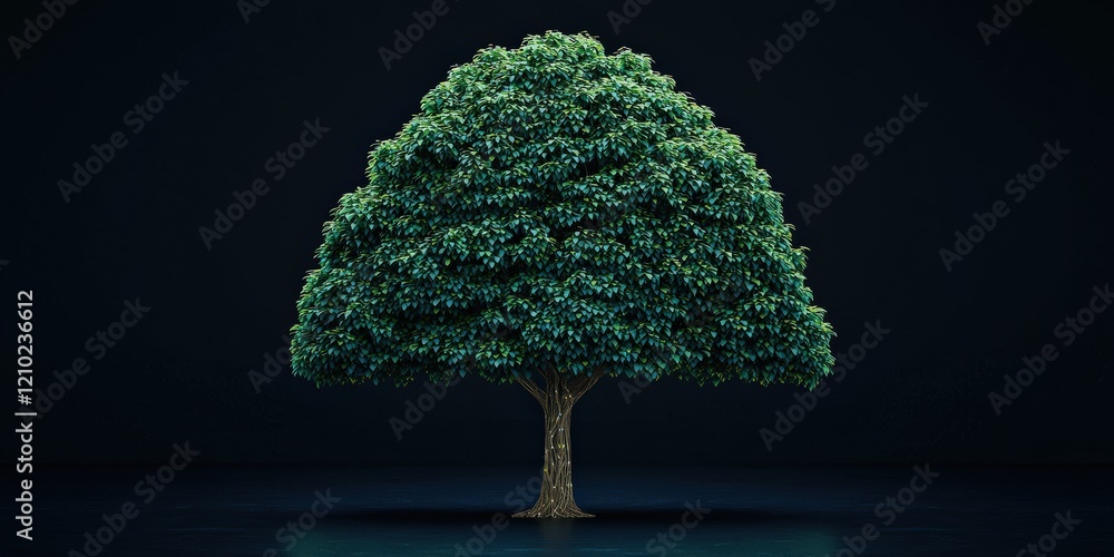 Poster machine learning data science training concept. lush green tree with a broad canopy against a dark b