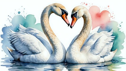 Romantic watercolor painting of two swans forming a heart shape, set against a soft pastel background.