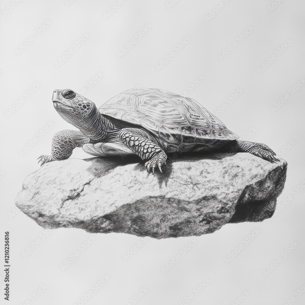 Poster Turtle enjoys warmth while sunbathing on a smooth rock during a sunny day in the wild