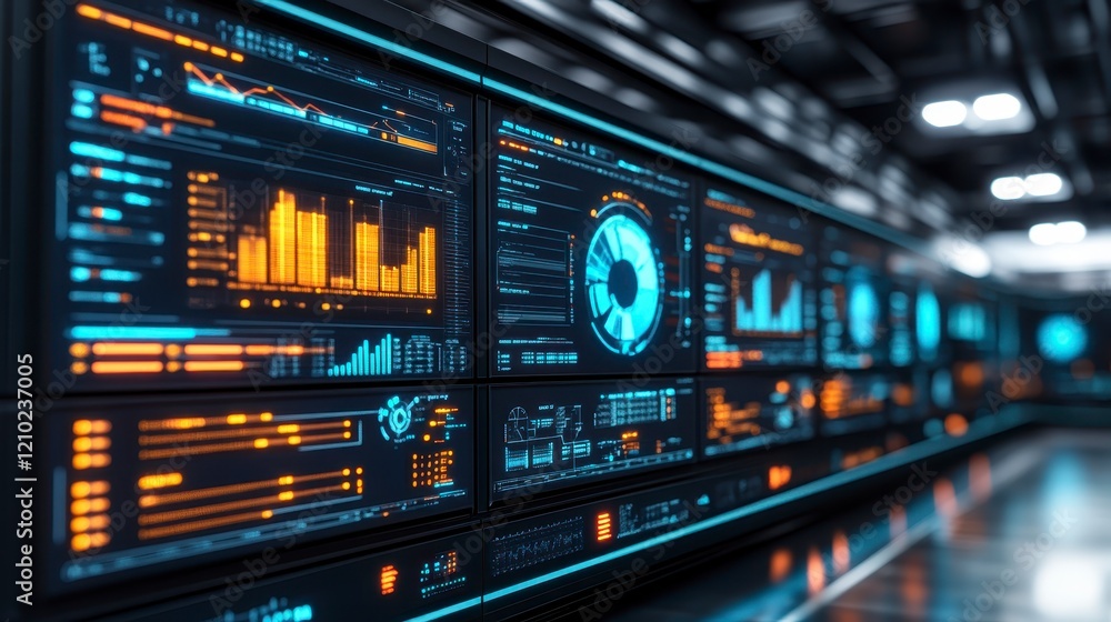Poster futuristic data center monitoring wall with orange and blue digital displays showing graphs and