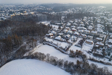 Fototapeta premium Aerial view of Pruhonice village in Winter 2022, Czech republic