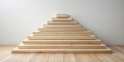 Naklejka premium Pyramid of Light Wood Planks on Light Wood Floor Against White Wall