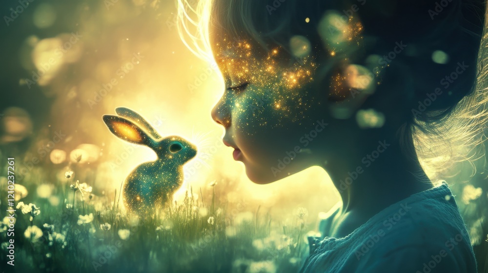 Aufkleber surreal depiction of a child's profile in a vibrant setting with a mystical rabbit and glowing eleme