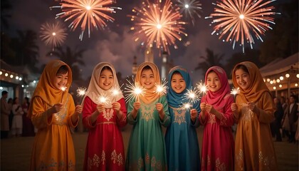 Fototapeta premium Joyful Girls in Festive Attire Celebrate with Sparkles and Fireworks