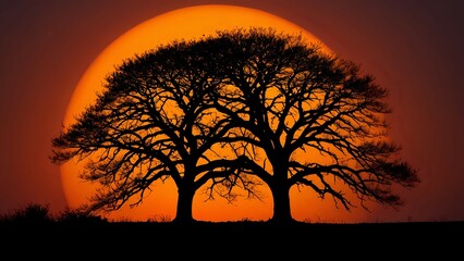 Naklejka premium Majestic silhouette of two trees against a vibrant orange sunset, creating a dramatic and peaceful scene.