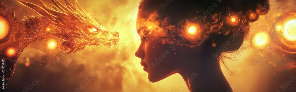 Poster surreal representation of a glowing woman's face illuminated by celestial elements and a mystical dr