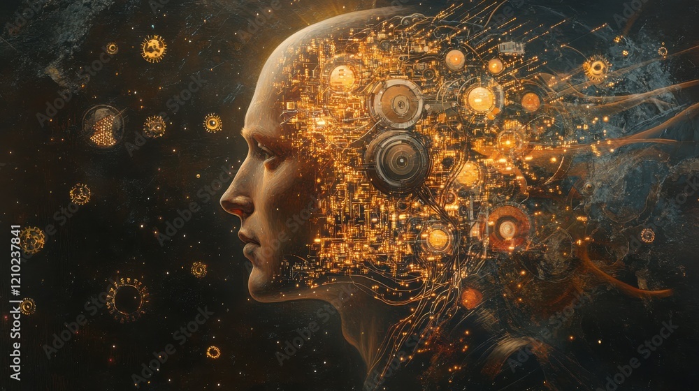 Leinwandbilder surreal representation of a glowing man with a futuristic brain displaying intricate circuits and ge