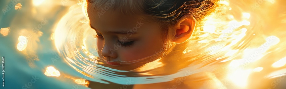 Poster surreal portrait of a glowing child submerged in water, capturing the essence of wonder and tranquil