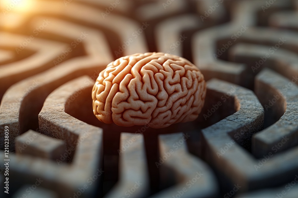 Poster a human brain rests in the center of a complex labyrinth, symbolizing thought processes and challeng