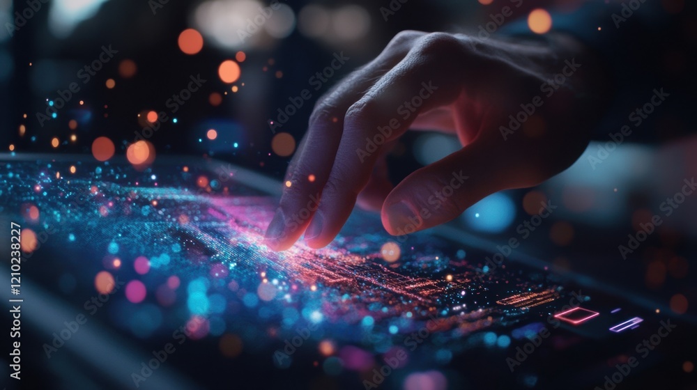 Poster hand interacting with a futuristic digital tablet displaying a big data visualization with colorful 