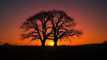 Fototapeta premium Majestic silhouette of two intertwined trees at sunset, vibrant orange and purple hues, peaceful landscape.