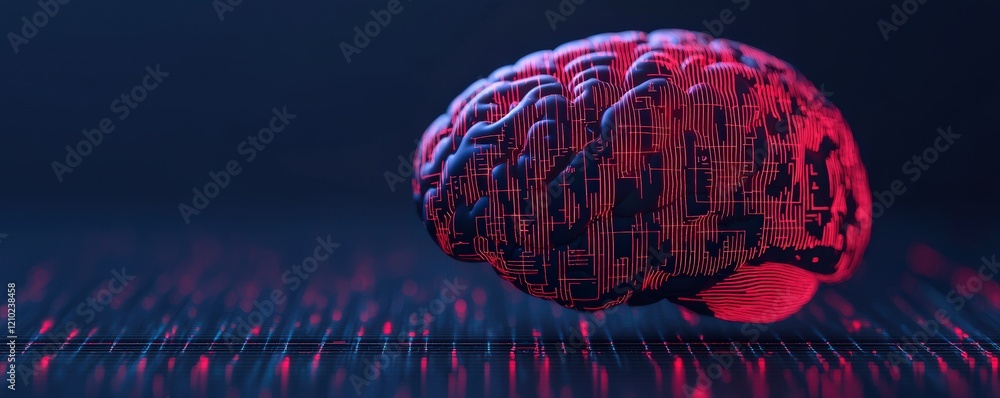 Poster machine learning data science training concept. digital brain illustration with vibrant neon colors 