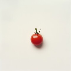 Glossy red cherry tomato placed on a plain white background showcasing freshness and vibrant color