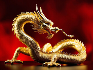 Obraz premium The gold Chinese dragon figurine standing on the table on bright red background.