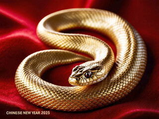 Fototapeta premium The Chinese New Year 2025 is the year of snake. The gold snake figurine on red velvet background is mean of the wealth in the year of snake.