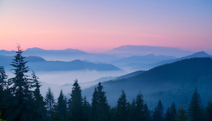 Dreamy Pastel-Colored Landscape of Misty Mountains, Captured During a Serene Sunrise with Soft Gradients of Pink, Purple, and Blue, Surrounded by Silhouettes of Pine Trees and Layers of Rolling Hills