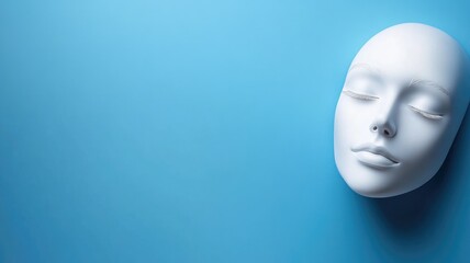 Artistic white mannequin head on blue background with closed eyes